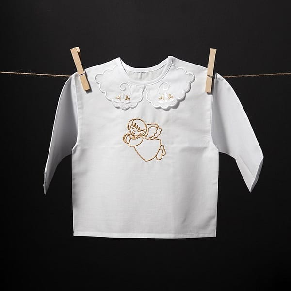 Christening gown with an angel embroidery in gold thread