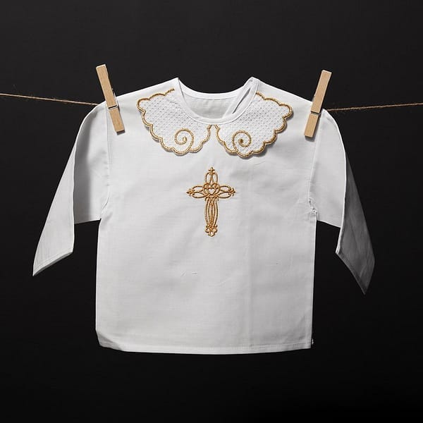 Christening gown with gold cross embroidery