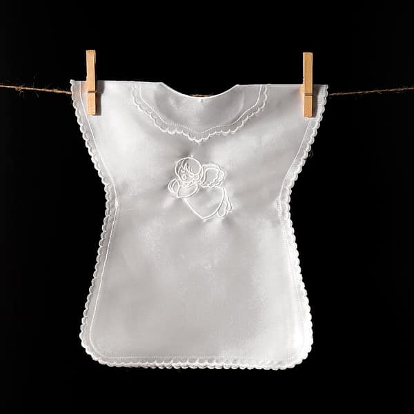 Satin christening gown with angel embroidery in white