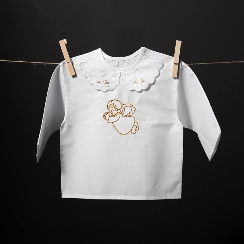 Christening gown with an angel embroidery in gold thread