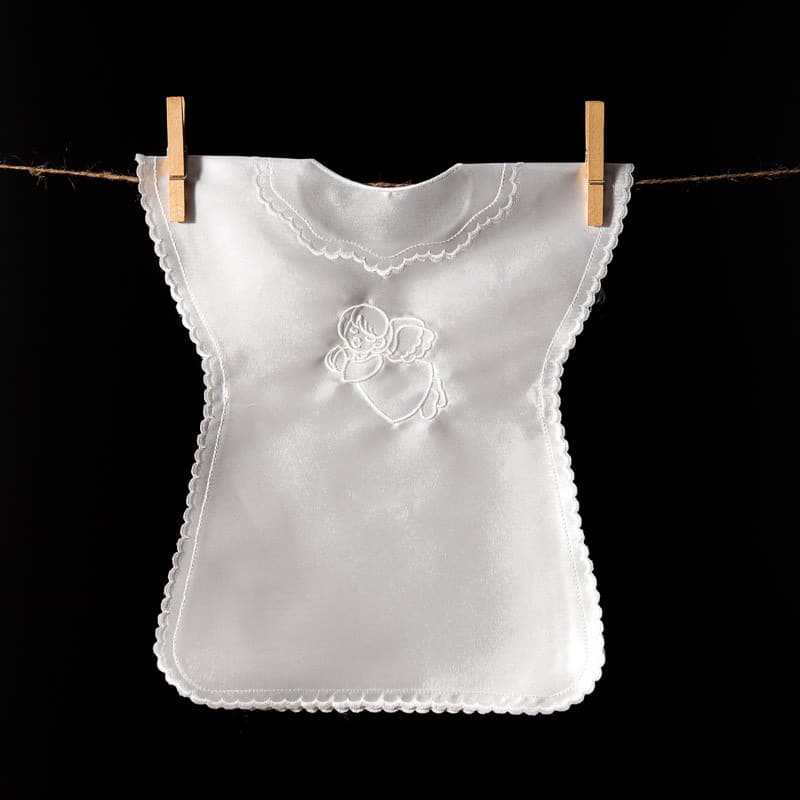 Satin christening gown with angel embroidery in white