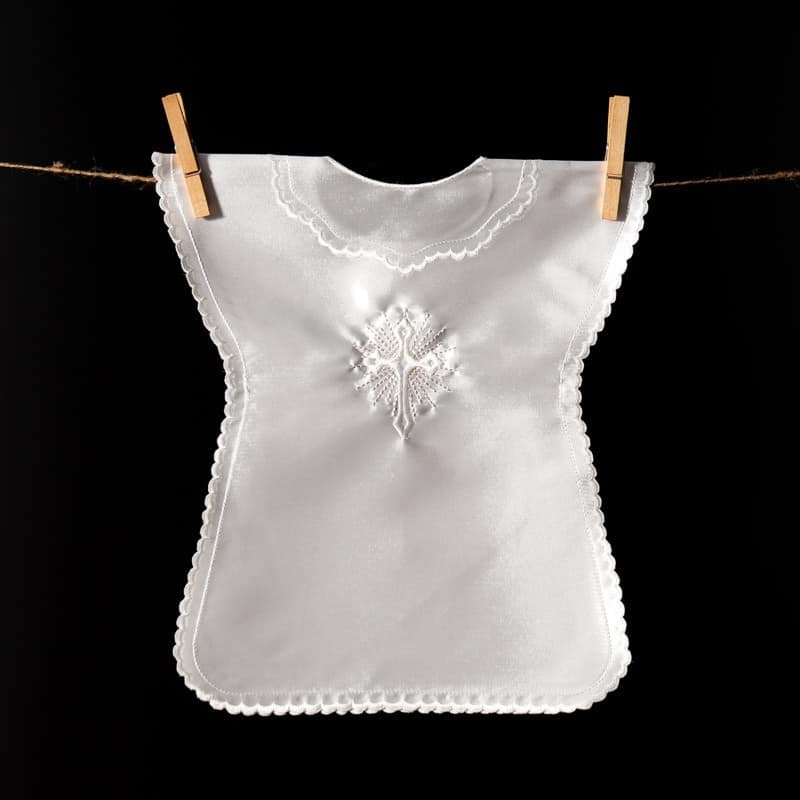 Satin christening gown with cross embroidery